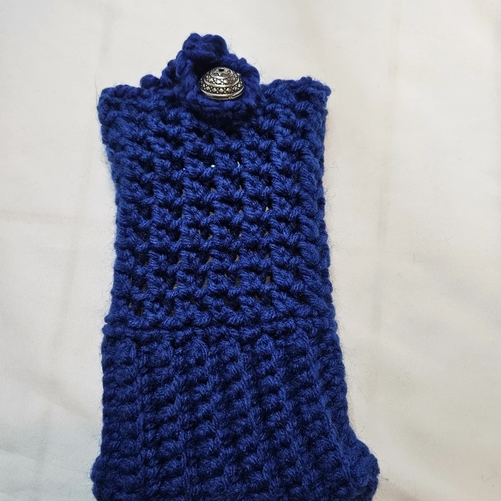 Hand Crafted hand knit crochet phone handbag color electric blue handmade beaded